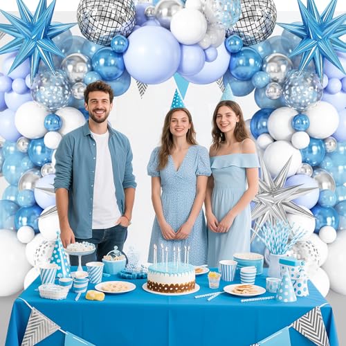 Cledeco Blue White Silver Balloon Arch Garland Kit with Disco Ball and Star Foil Balloons for Disco Birthday and Graduation Parties