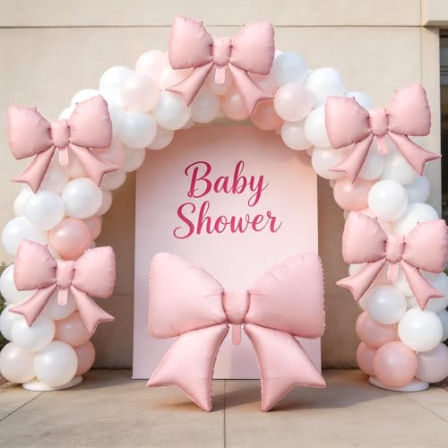 Cledeco Pink Bow Foil Balloons Set - 38in & 21in, 8 Pack for Birthday, Bridal Shower, Wedding Party Decorations