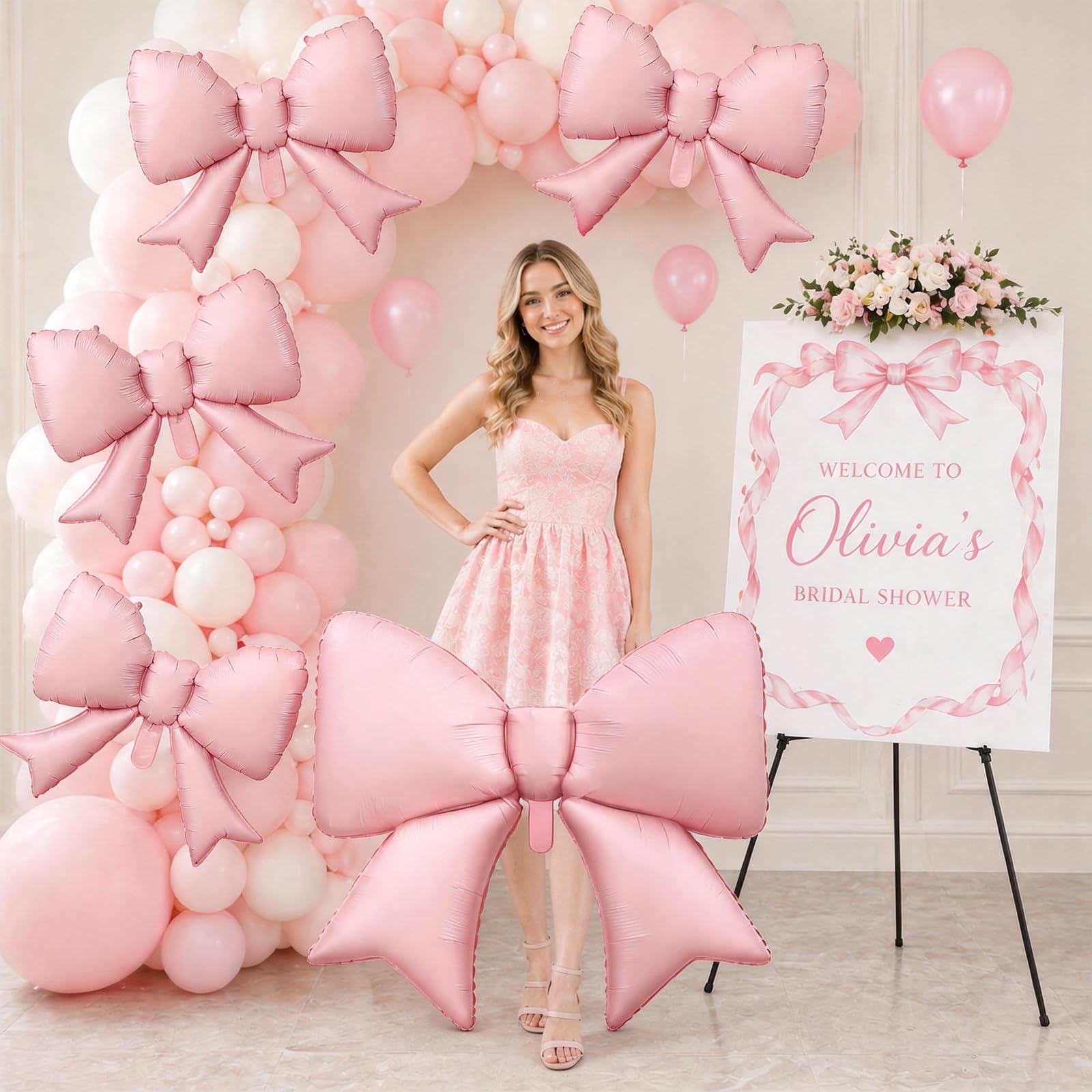 Cledeco Pink Bow Foil Balloons Set - 38in & 21in, 8 Pack for Birthday, Bridal Shower, Wedding Party Decorations