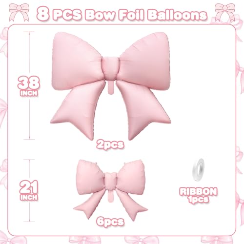Cledeco Pink Bow Foil Balloons Set - 38in & 21in, 8 Pack for Birthday, Bridal Shower, Wedding Party Decorations