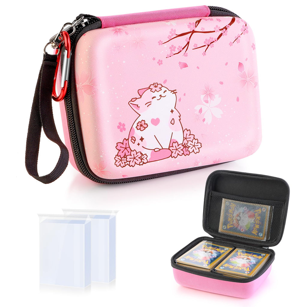 CLOKORIA Pink Trading Card Carrying Case – Holds 400+ Cards, with 200 Sleeves, Sakura Cat Design