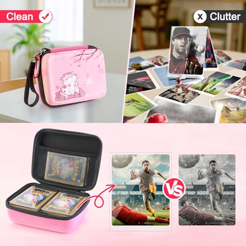 CLOKORIA Pink Trading Card Carrying Case – Holds 400+ Cards, with 200 Sleeves, Sakura Cat Design