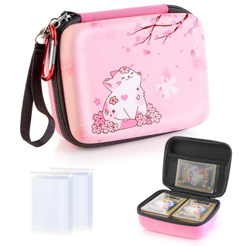 CLOKORIA Pink Trading Card Carrying Case – Holds 400+ Cards, with 200 Sleeves, Sakura Cat Design