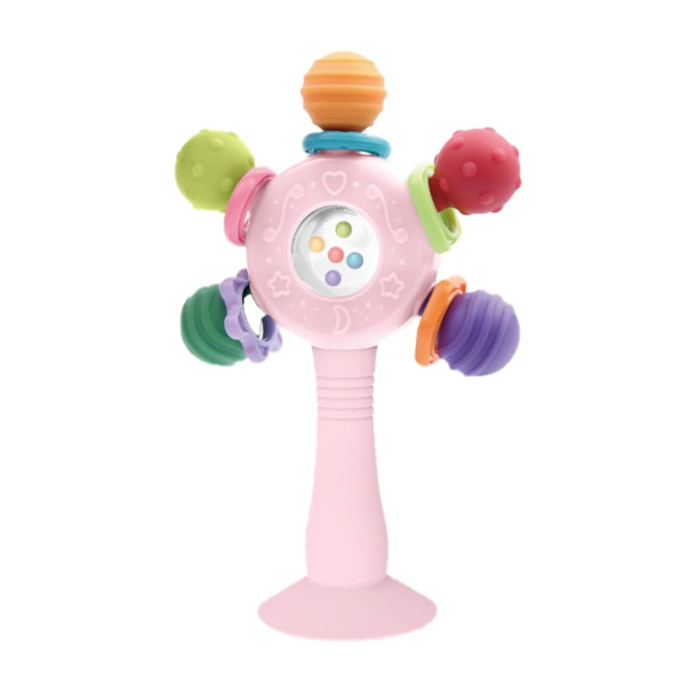 CNBESTFASHION Baby Rattle and Teether Toy for 0-18 Months – Food-Grade Silicone Suction Cup Teething Toy with Bell, Pink