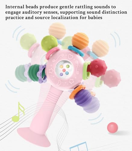 CNBESTFASHION Baby Rattle and Teether Toy for 0-18 Months – Food-Grade Silicone Suction Cup Teething Toy with Bell, Pink