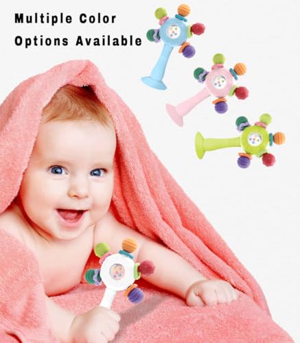 CNBESTFASHION Baby Rattle and Teether Toy for 0-18 Months – Food-Grade Silicone Suction Cup Teething Toy with Bell, Pink