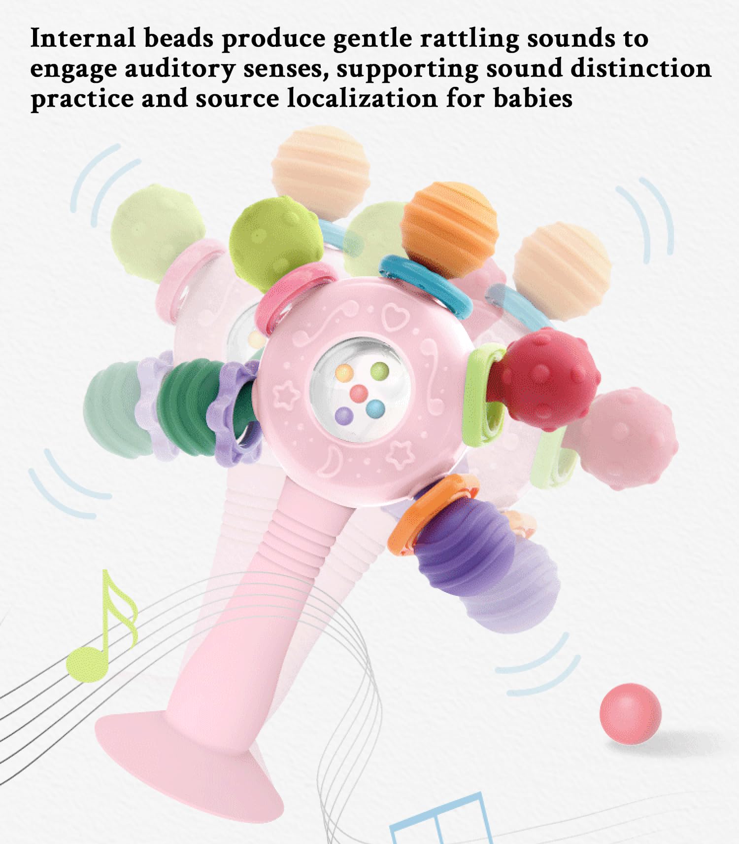 CNBESTFASHION Baby Rattle and Teether Toy for 0-18 Months – Food-Grade Silicone Suction Cup Teething Toy with Bell, Pink
