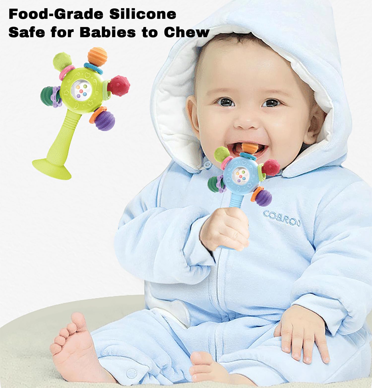 CNBESTFASHION Baby Rattle and Teether Toy for 0-18 Months – Food-Grade Silicone Suction Cup Teething Toy with Bell, Pink
