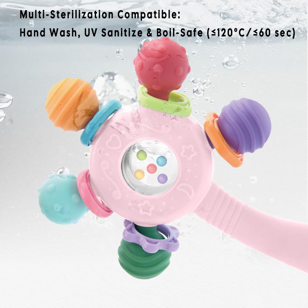 CNBESTFASHION Baby Rattle and Teether Toy for 0-18 Months – Food-Grade Silicone Suction Cup Teething Toy with Bell, Pink