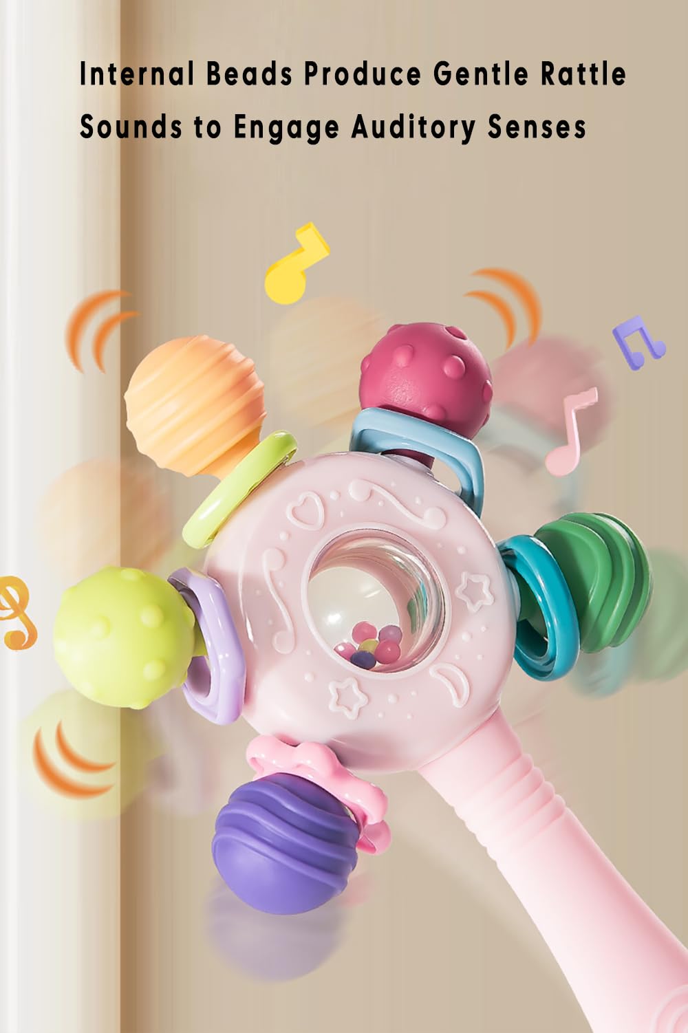 CNBESTFASHION Baby Rattle and Teether Toy for 0-18 Months – Food-Grade Silicone Suction Cup Teething Toy with Bell, Pink