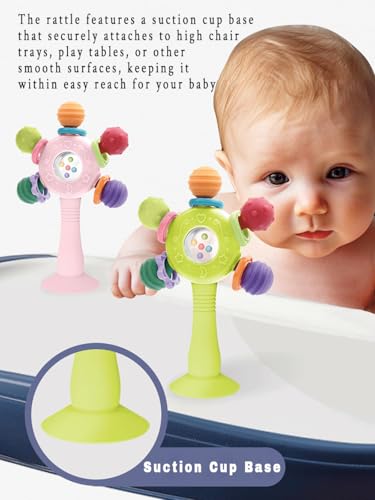 CNBESTFASHION Baby Teether Rattle Toy - 2-in-1 Food Grade Silicone with Suction Cup, Montessori Sensory Toy for 0-12 Months (Blue)