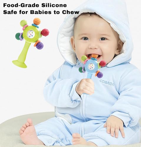 CNBESTFASHION Baby Teether Rattle Toy - 2-in-1 Food Grade Silicone with Suction Cup, Montessori Sensory Toy for 0-12 Months (Blue)