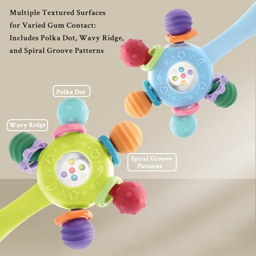 CNBESTFASHION Baby Teether Rattle Toy - 2-in-1 Food Grade Silicone with Suction Cup, Montessori Sensory Toy for 0-12 Months (Blue)