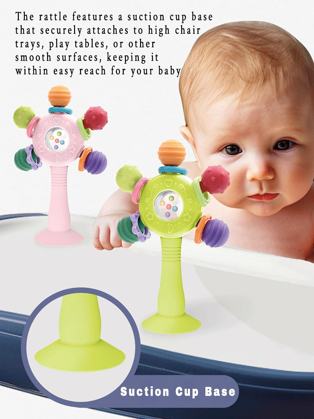 CNBESTFASHION Baby Teether Rattle Toy - 2-in-1 Food Grade Silicone with Suction Cup, Montessori Sensory Toy for 0-12 Months (Blue)