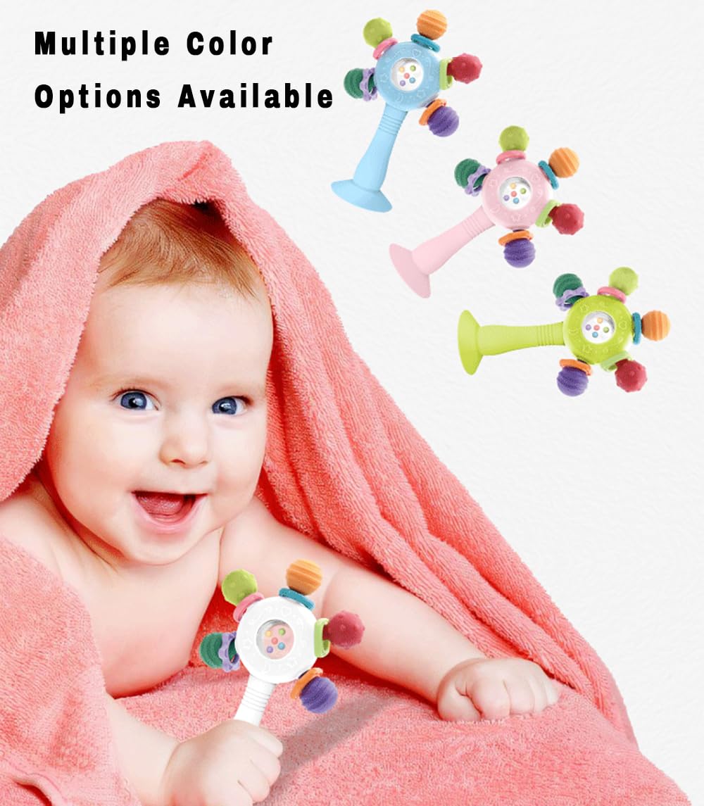 CNBESTFASHION Baby Teether Rattle Toy - 2-in-1 Food Grade Silicone with Suction Cup, Montessori Sensory Toy for 0-12 Months (Blue)