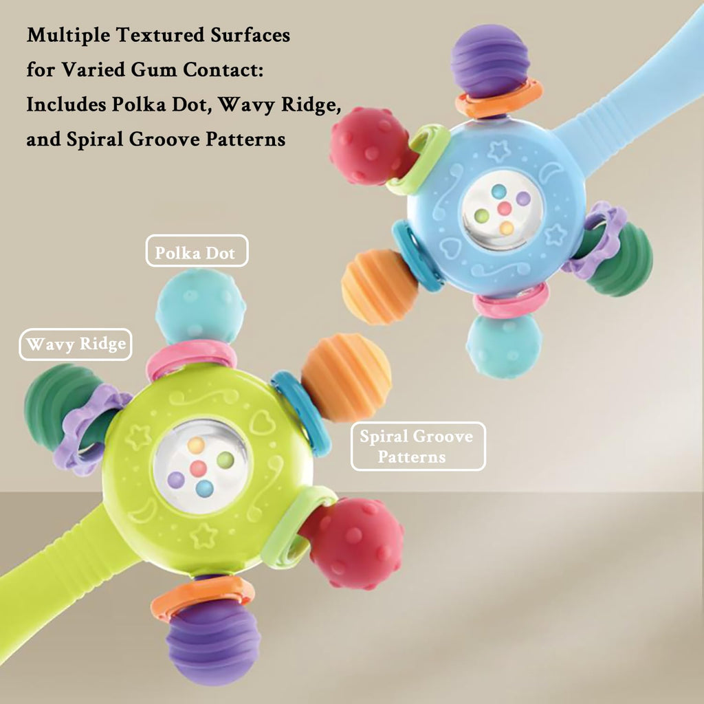 CNBESTFASHION Baby Teether Rattle Toy - 2-in-1 Food Grade Silicone with Suction Cup, Montessori Sensory Toy for 0-12 Months (Blue)