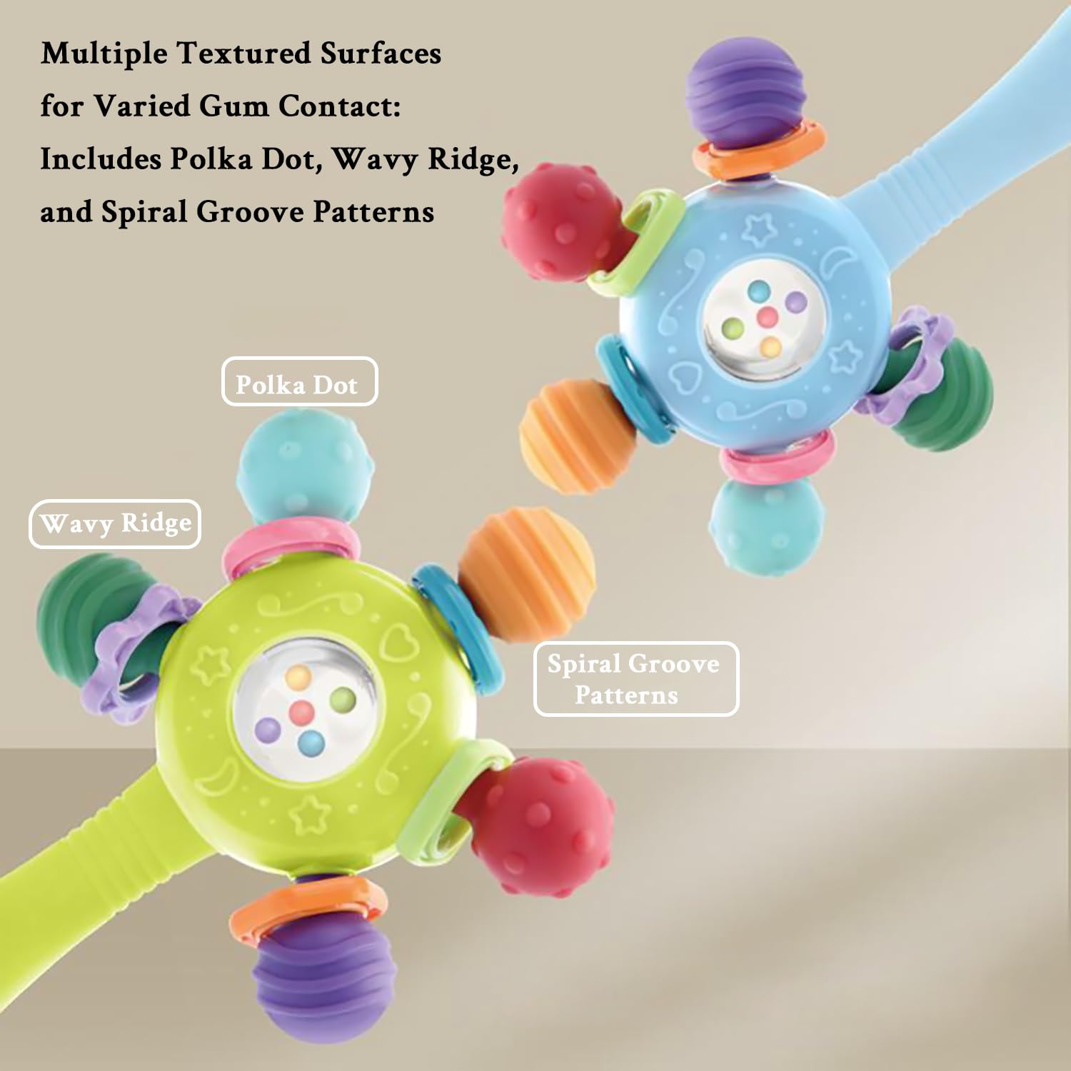 CNBESTFASHION Baby Teether Rattle Toy - 2-in-1 Food Grade Silicone with Suction Cup, Montessori Sensory Toy for 0-12 Months (Blue)