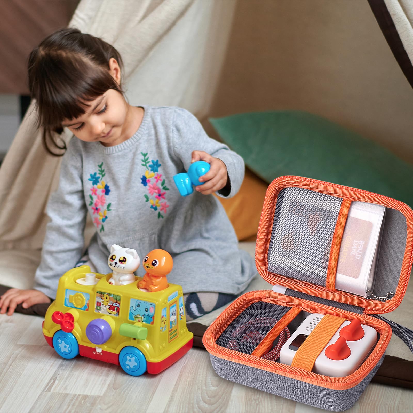 co2CREA Hard Case for Yoto Mini Player – Grey with Orange Zipper, Holds Up to 36 Cards