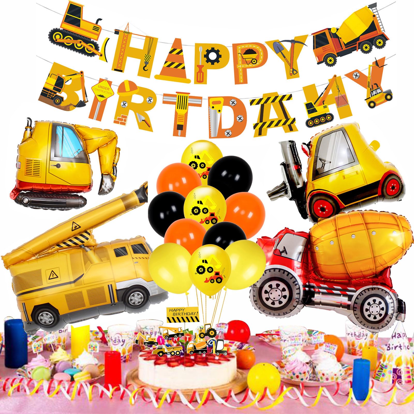 Cobesyood Construction Birthday Party Supplies Kit with Foil Balloons and Banner