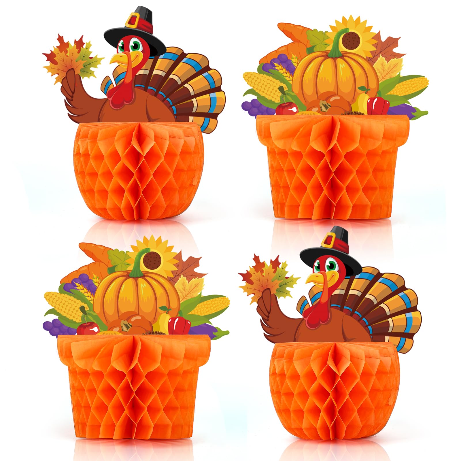 COCHIE 4-Pack Large Thanksgiving Honeycomb Centerpieces – Turkey & Pumpkin Fall Decor, 8x8.5 Inches, Reusable Paper Table Decorations