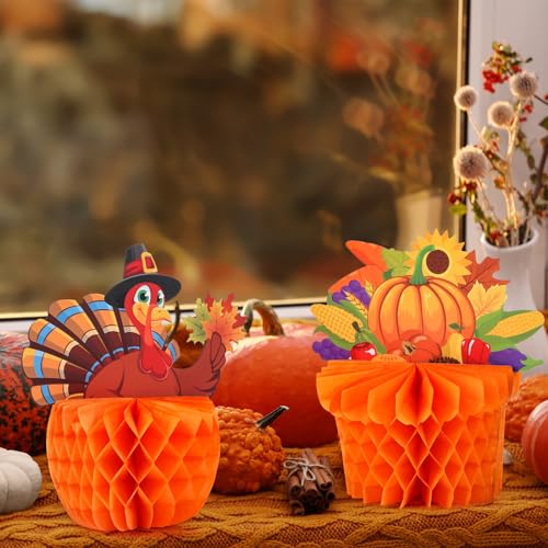 COCHIE 4-Pack Large Thanksgiving Honeycomb Centerpieces – Turkey & Pumpkin Fall Decor, 8x8.5 Inches, Reusable Paper Table Decorations