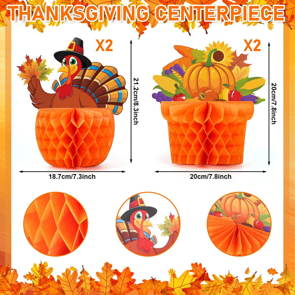 COCHIE 4-Pack Large Thanksgiving Honeycomb Centerpieces – Turkey & Pumpkin Fall Decor, 8x8.5 Inches, Reusable Paper Table Decorations