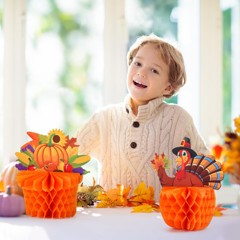 COCHIE 4-Pack Large Thanksgiving Honeycomb Centerpieces – Turkey & Pumpkin Fall Decor, 8x8.5 Inches, Reusable Paper Table Decorations