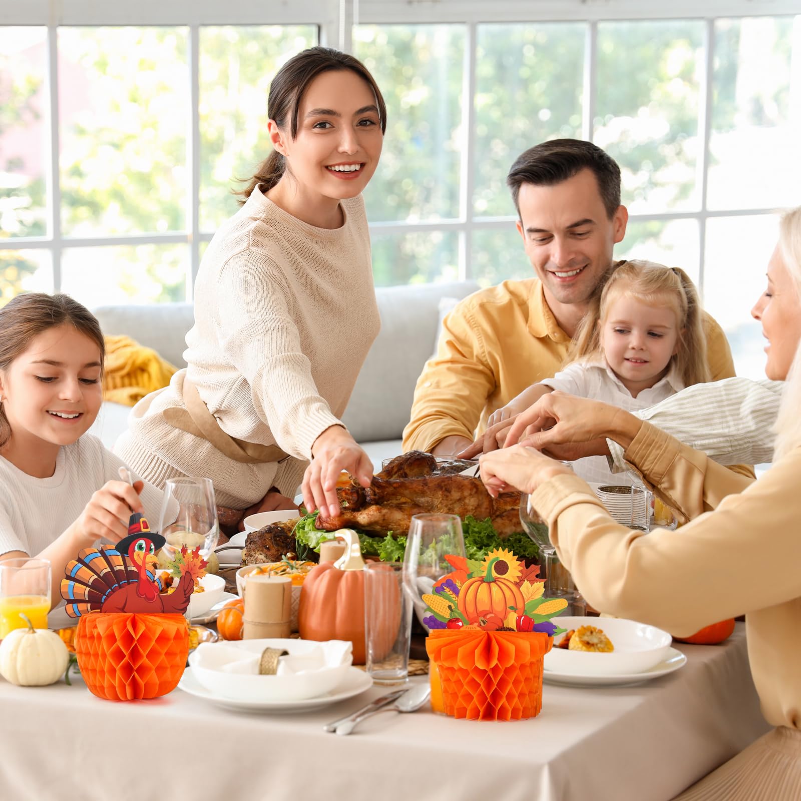 COCHIE 4-Pack Large Thanksgiving Honeycomb Centerpieces – Turkey & Pumpkin Fall Decor, 8x8.5 Inches, Reusable Paper Table Decorations