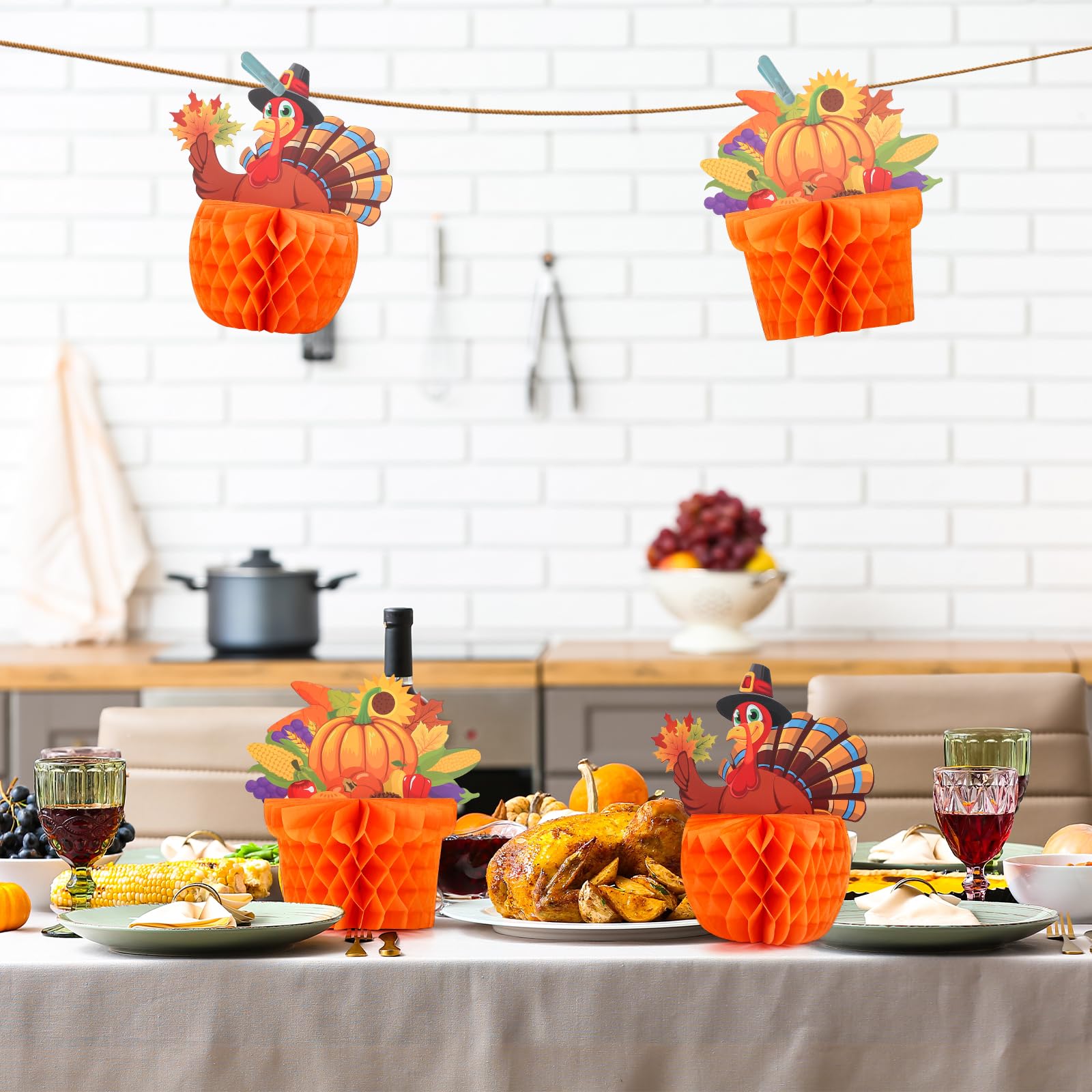 COCHIE 4-Pack Large Thanksgiving Honeycomb Centerpieces – Turkey & Pumpkin Fall Decor, 8x8.5 Inches, Reusable Paper Table Decorations