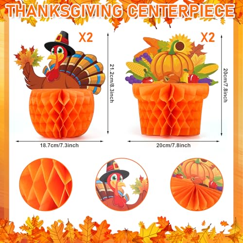 COCHIE 4-Pack Large Thanksgiving Honeycomb Centerpieces – Turkey & Pumpkin Fall Decor, 8x8.5 Inches, Reusable Paper Table Decorations