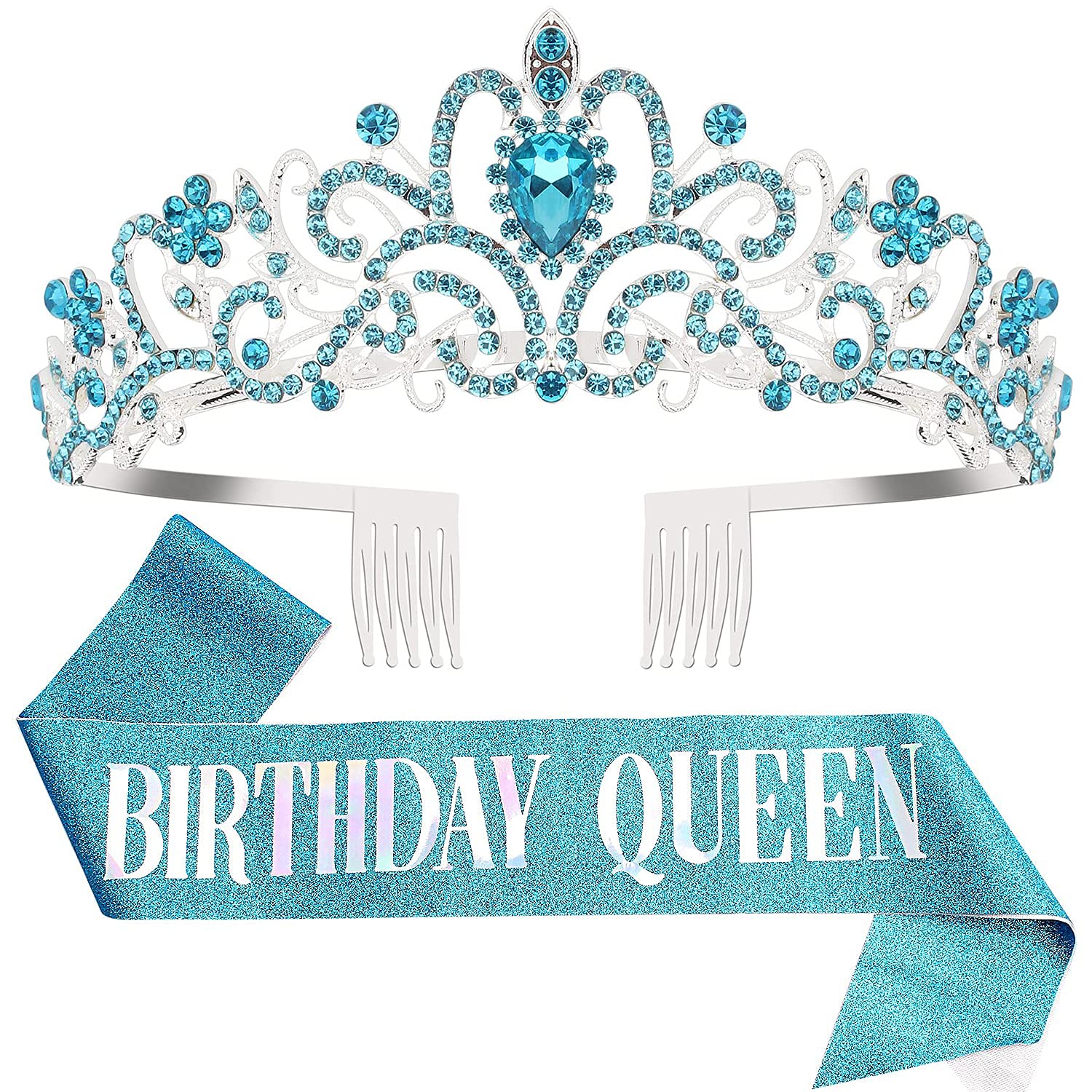 COCIDE Birthday Queen Sash & Crown Set – Blue Glitter Sash with Rhinestone Tiara for Women