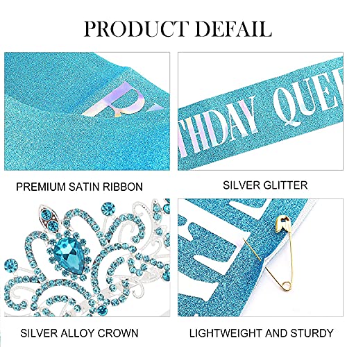 COCIDE Birthday Queen Sash & Crown Set – Blue Glitter Sash with Rhinestone Tiara for Women