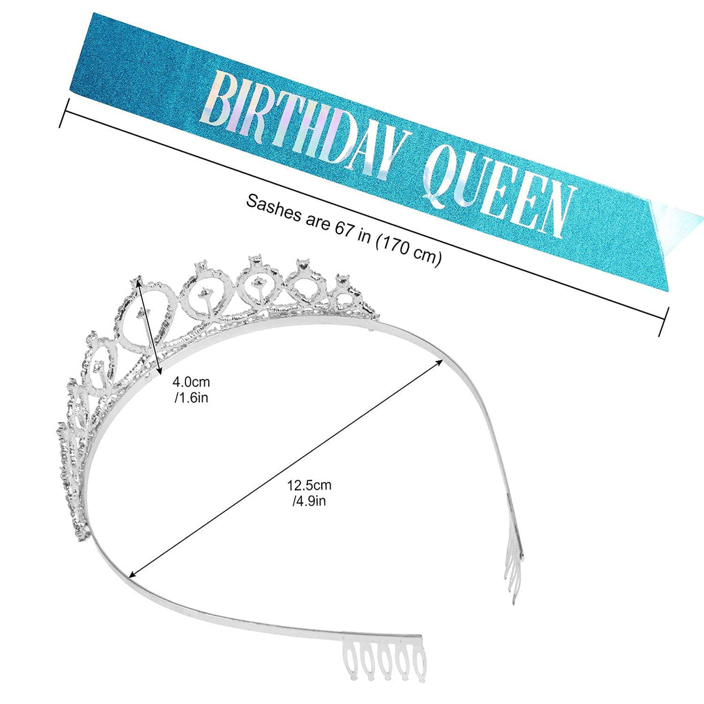 COCIDE Birthday Queen Sash & Crown Set – Blue Glitter Sash with Rhinestone Tiara for Women