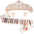 COCIDE Rose Gold Birthday Queen Sash and Tiara Set – Glitter Sash with Rhinestone Tiara for Women