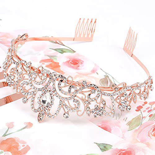 COCIDE Rose Gold Birthday Queen Sash and Tiara Set – Glitter Sash with Rhinestone Tiara for Women