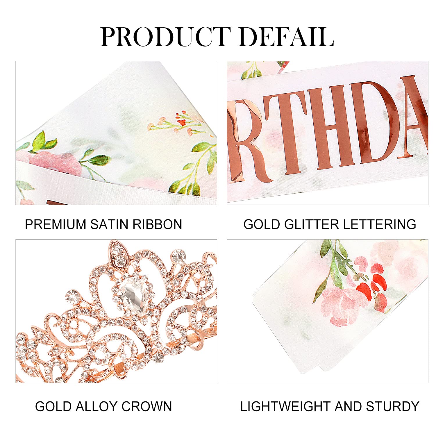 COCIDE Rose Gold Birthday Queen Sash and Tiara Set – Glitter Sash with Rhinestone Tiara for Women