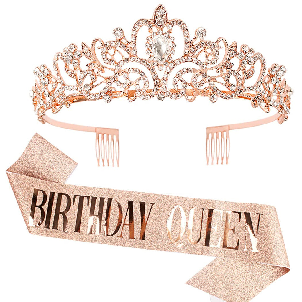 COCIDE Rose Gold Birthday Sash & Tiara Set – Rhinestone Queen Crown and Glitter Sash for Women, Girls, Party Favors