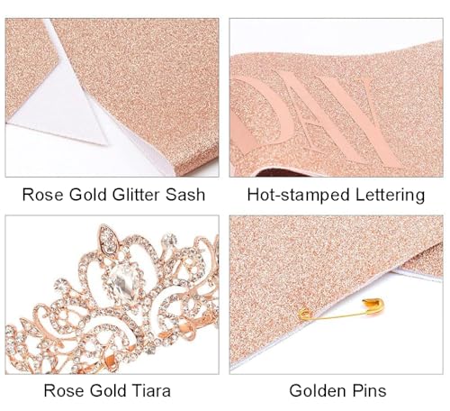 COCIDE Rose Gold Birthday Sash & Tiara Set – Rhinestone Queen Crown and Glitter Sash for Women, Girls, Party Favors