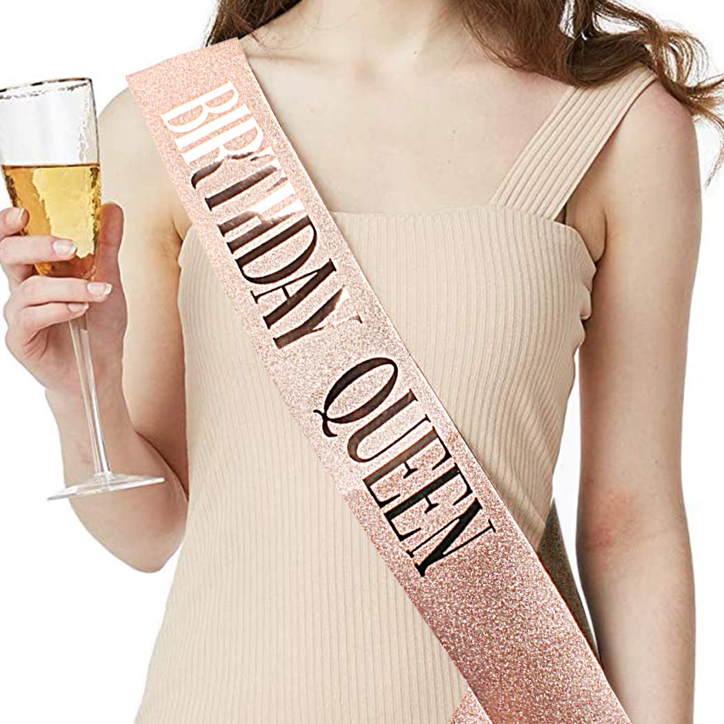 COCIDE Rose Gold Birthday Sash & Tiara Set – Rhinestone Queen Crown and Glitter Sash for Women, Girls, Party Favors