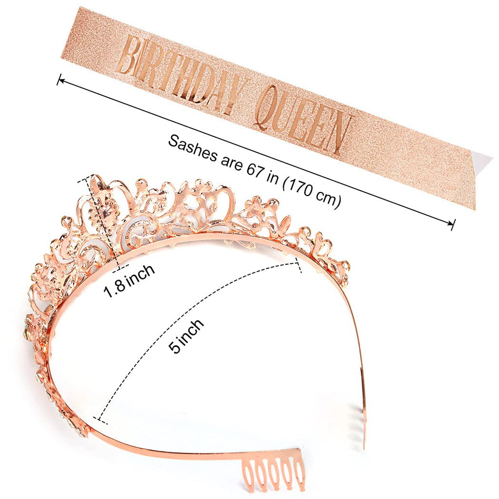 COCIDE Rose Gold Birthday Sash & Tiara Set – Rhinestone Queen Crown and Glitter Sash for Women, Girls, Party Favors