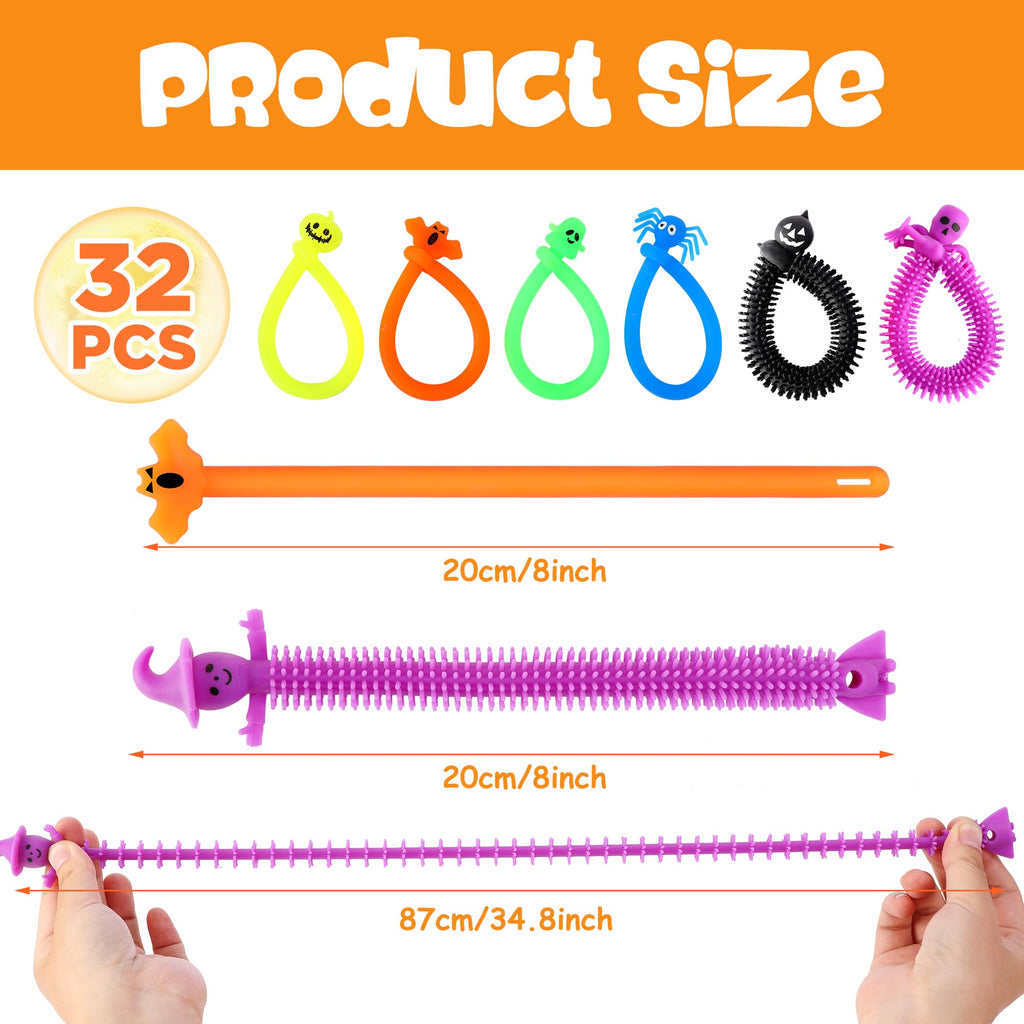 codree 32-Pack Halloween Stretchy Fidget Toys – Sensory Stress Relief Strings with Ghost, Pumpkin, Bat & Skull Designs