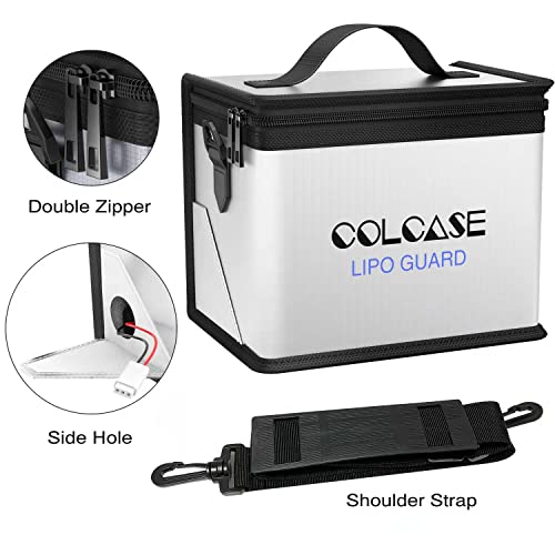 COLCASE Fireproof Lipo Safe Bag – Large Capacity Double Zipper Battery Storage & Charging Bag (8.46x5.7x6.5 in)