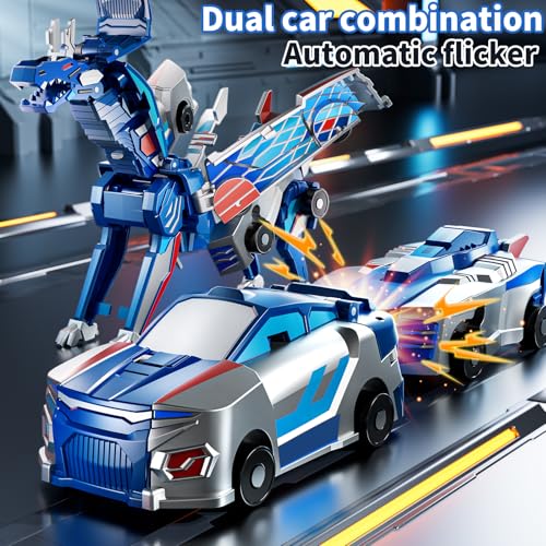 Collision Transforming Dinosaur Car Toy – 2-in-1 Magnetic Cars Transform into Dinosaur for Kids Ages 3-12 (Blue)