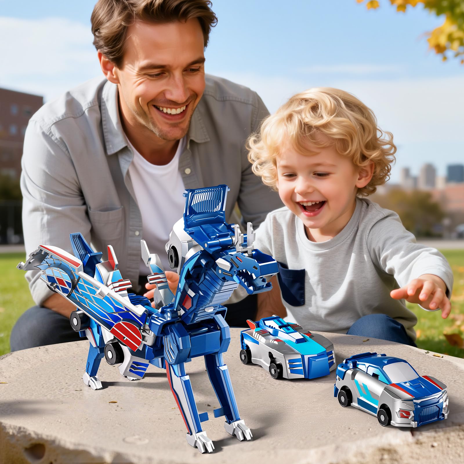 Collision Transforming Dinosaur Car Toy – 2-in-1 Magnetic Cars Transform into Dinosaur for Kids Ages 3-12 (Blue)