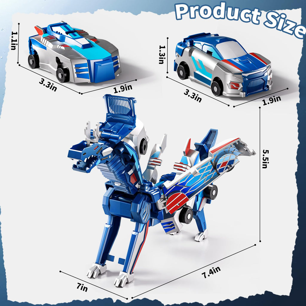 Collision Transforming Dinosaur Car Toy – 2-in-1 Magnetic Cars Transform into Dinosaur for Kids Ages 3-12 (Blue)