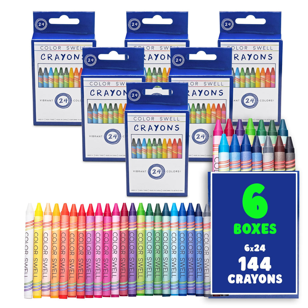 Color Swell Crayons Bulk 6-Pack of 24 Count – 144 Vibrant Non-Toxic Crayons for Kids, Teachers, and Party Favors
