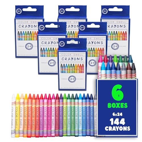 Color Swell Crayons Bulk 6-Pack of 24 Count – 144 Vibrant Non-Toxic Crayons for Kids, Teachers, and Party Favors