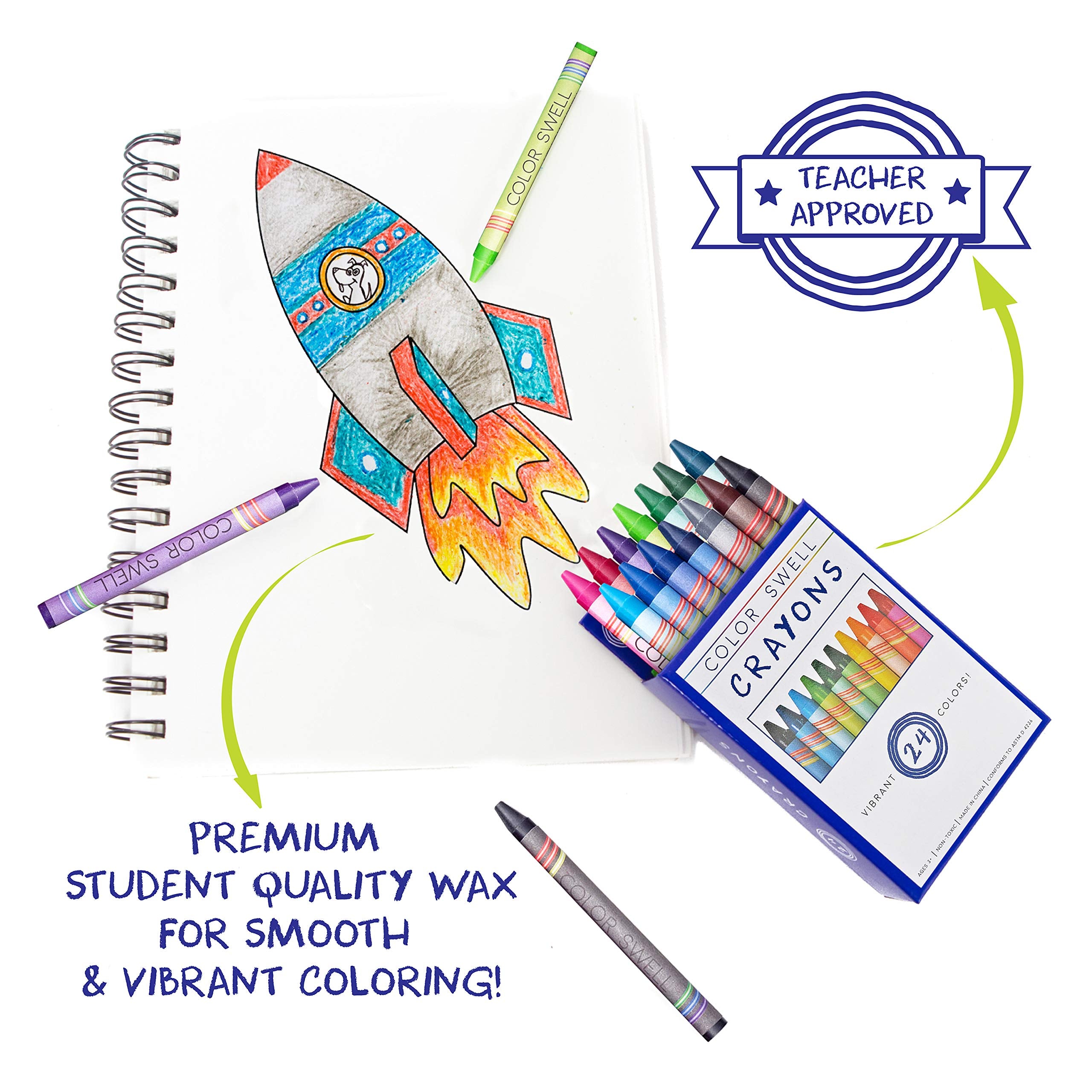 Color Swell Crayons Bulk 6-Pack of 24 Count – 144 Vibrant Non-Toxic Crayons for Kids, Teachers, and Party Favors