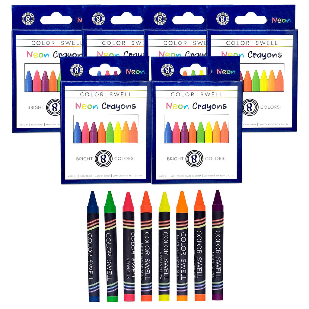 Color Swell Neon Crayons Bulk Pack – 6 Boxes of 8 Vibrant Colors, Teacher-Quality Crayons for Kids