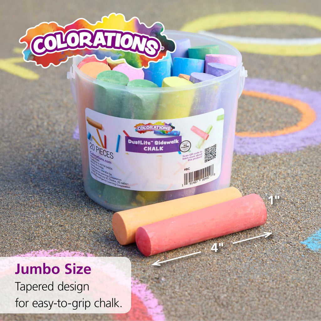 Colorations Jumbo Washable Sidewalk Chalk Set, 20 Pieces, 8 Colors, Non-Toxic, Ages 4+